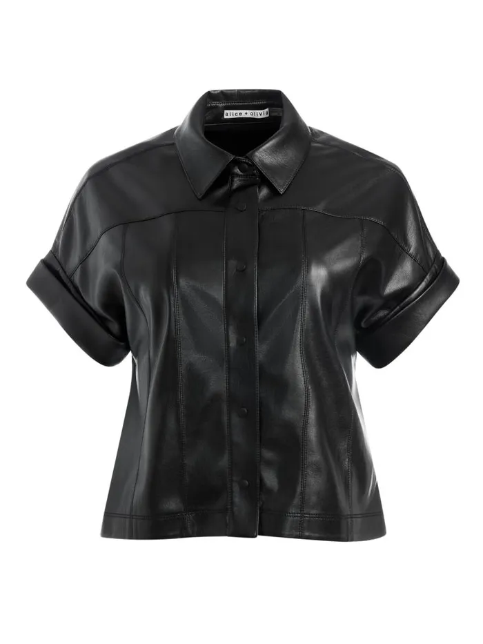 Alice Olivia EDYTH VEGAN LEATHER BUTTON DOWN Black Women Tops