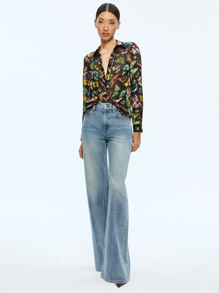 Alice Olivia ELOISE BUTTON DOWN BLOUSE Boundless Butterfly Black Women Tops