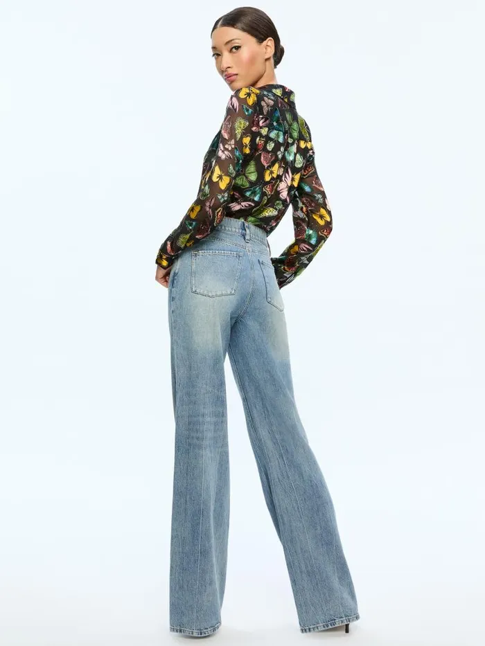 Alice Olivia ELOISE BUTTON DOWN BLOUSE Boundless Butterfly Black Women Tops