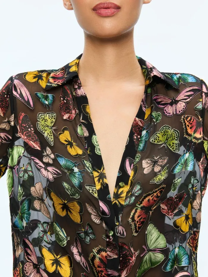 Alice Olivia ELOISE BUTTON DOWN BLOUSE Boundless Butterfly Black Women Tops