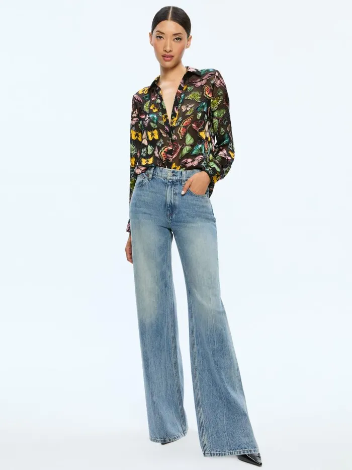Alice Olivia ELOISE BUTTON DOWN BLOUSE Boundless Butterfly Black Women Tops