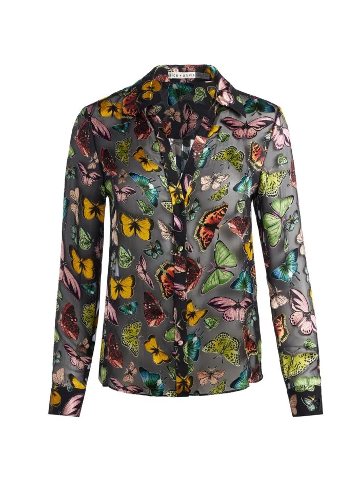 Alice Olivia ELOISE BUTTON DOWN BLOUSE Boundless Butterfly Black Women Tops