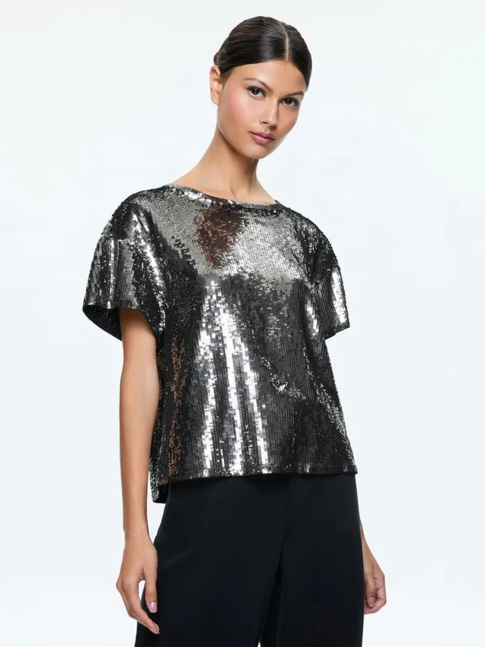 Alice Olivia EVAN SEQUIN OVERSIZED TEE Gunmetal Women Tops