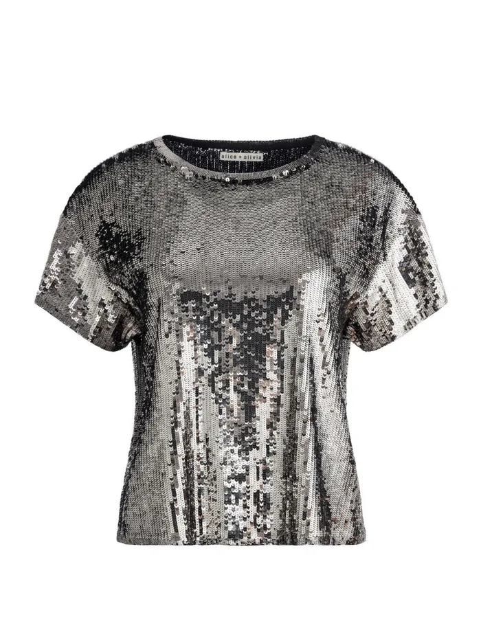 Alice Olivia EVAN SEQUIN OVERSIZED TEE Gunmetal Women Tops