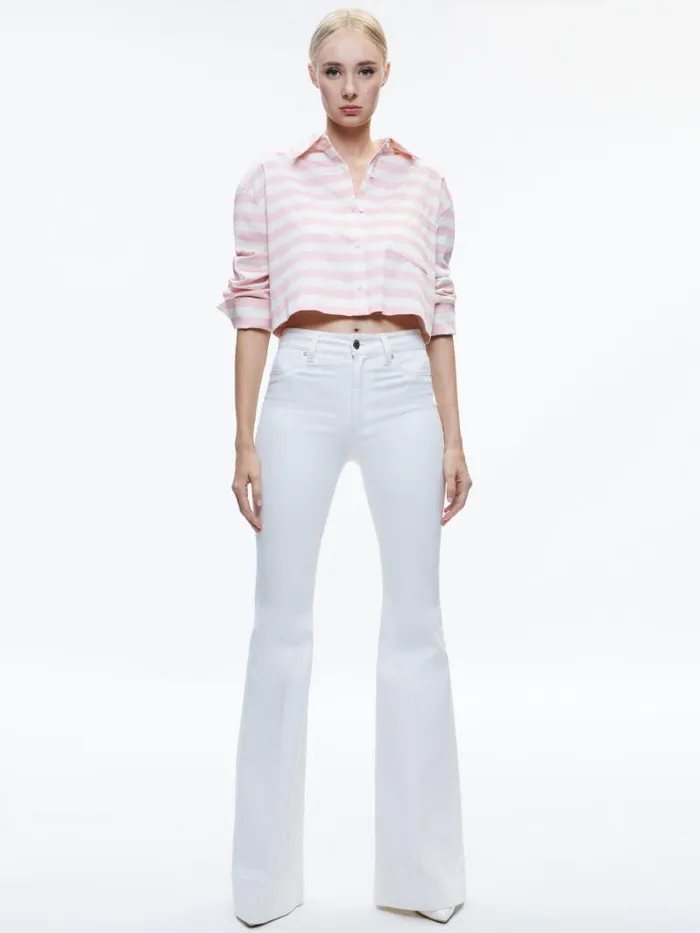 Alice Olivia FINELY CROPPED OVERSIZED BUTTON DOWN SHIRT Admiral Stripe Pink Lace Women Tops