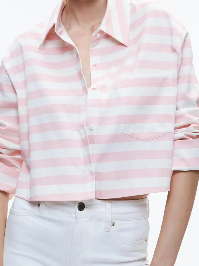 Alice Olivia FINELY CROPPED OVERSIZED BUTTON DOWN SHIRT Admiral Stripe Pink Lace Women Tops
