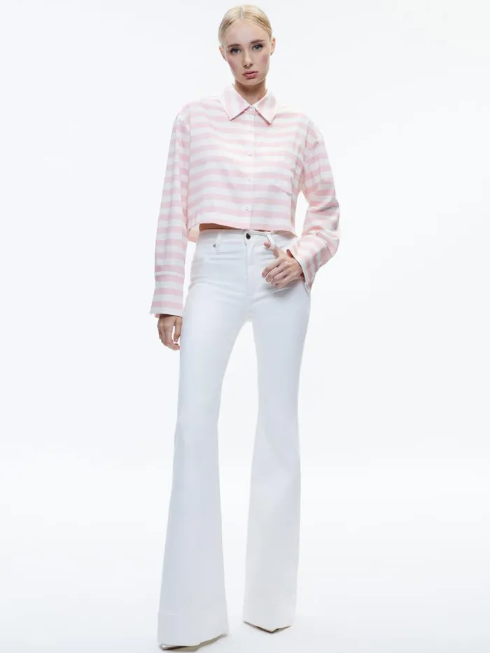 Alice Olivia FINELY CROPPED OVERSIZED BUTTON DOWN SHIRT Admiral Stripe Pink Lace Women Tops