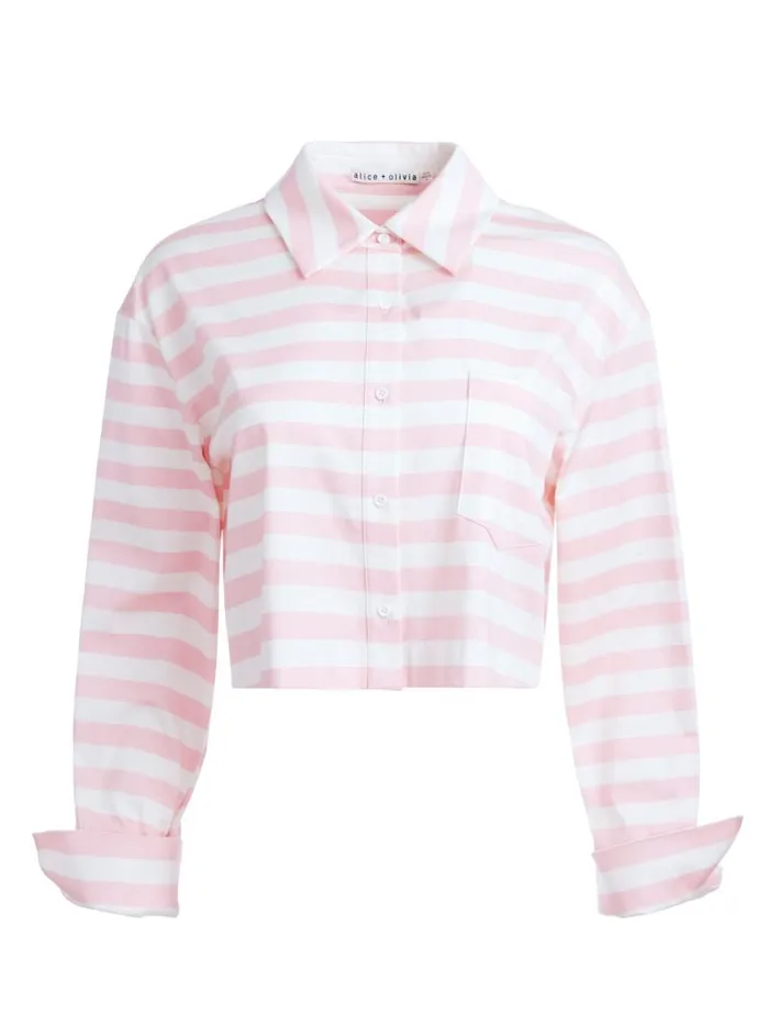 Alice Olivia FINELY CROPPED OVERSIZED BUTTON DOWN SHIRT Admiral Stripe Pink Lace Women Tops