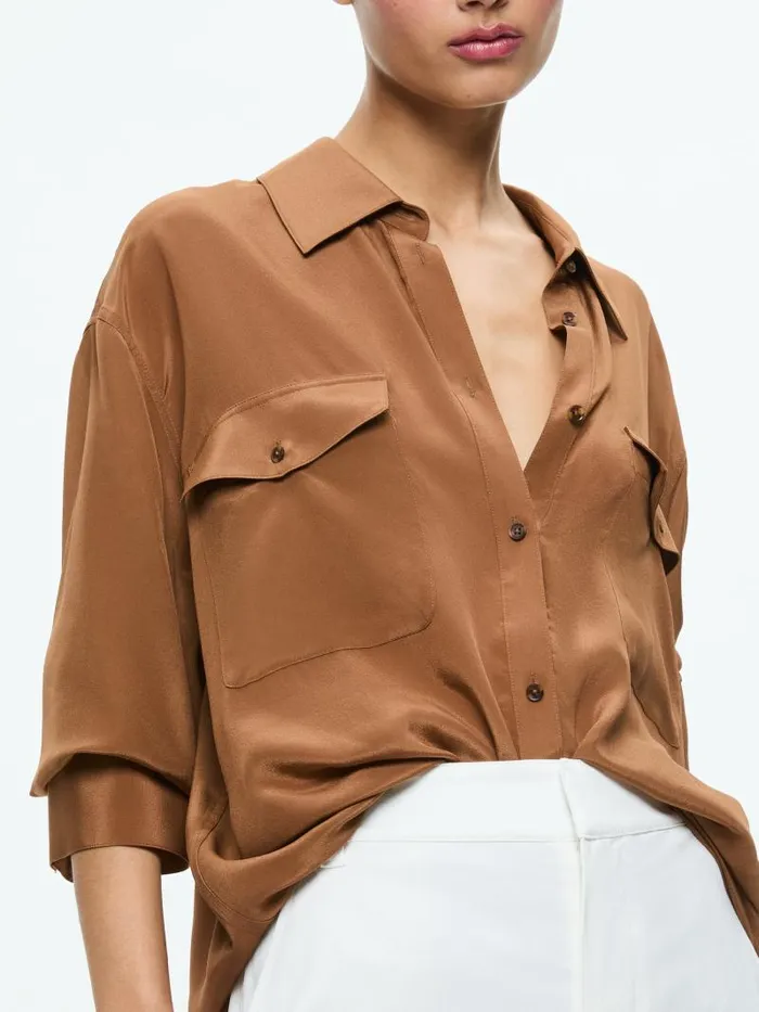 Alice Olivia FINELY OVERSIZED UTILITY SHIRT Camel Women Tops