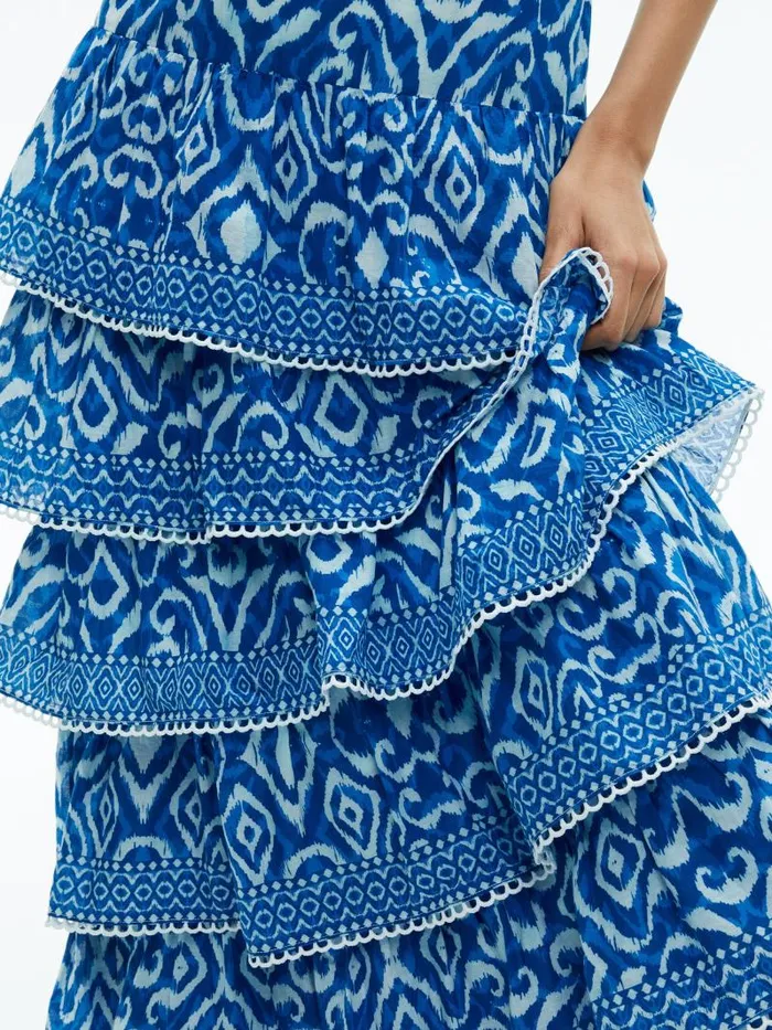 Alice Olivia IMOGENE TIERED MAXI DRESS Artisan Ikat French Blue Women Dresses