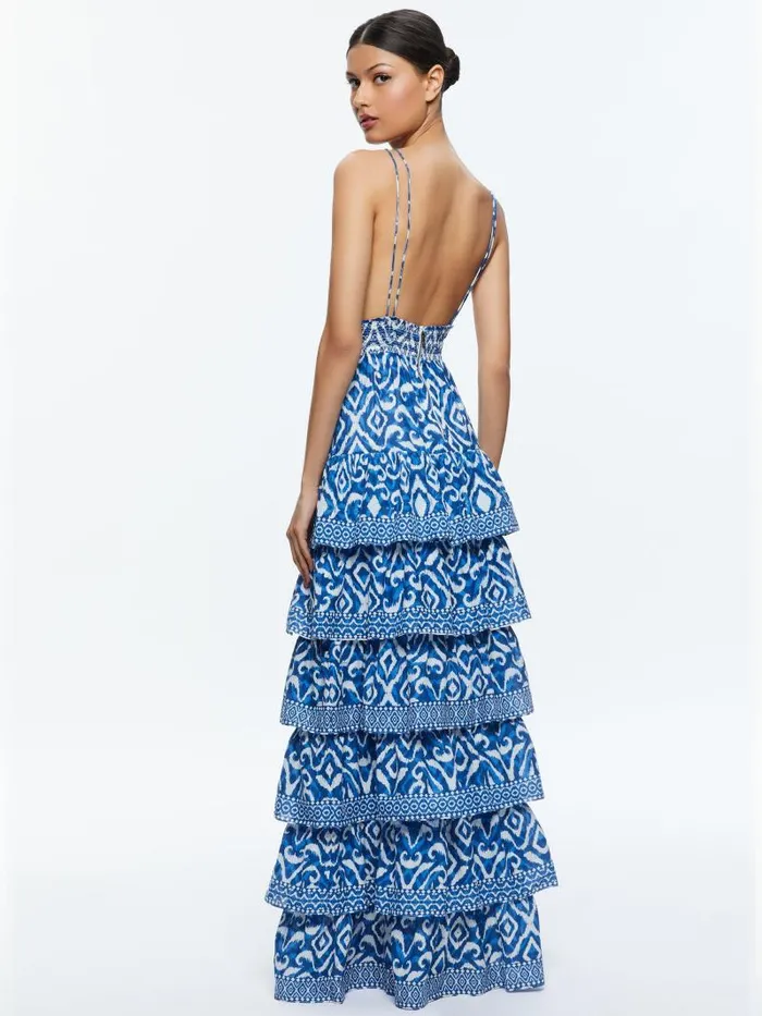 Alice Olivia IMOGENE TIERED MAXI DRESS Artisan Ikat French Blue Women Dresses
