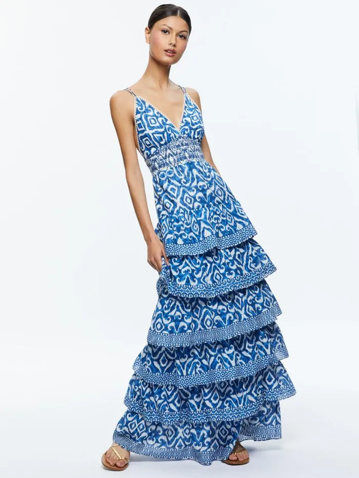 Alice Olivia IMOGENE TIERED MAXI DRESS Artisan Ikat French Blue Women Dresses