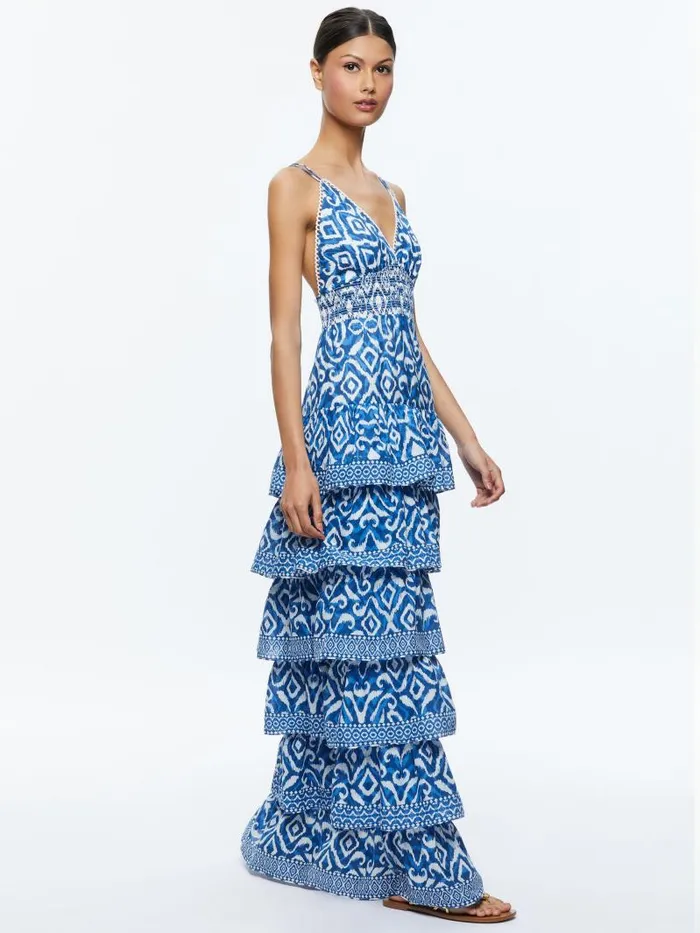 Alice Olivia IMOGENE TIERED MAXI DRESS Artisan Ikat French Blue Women Dresses