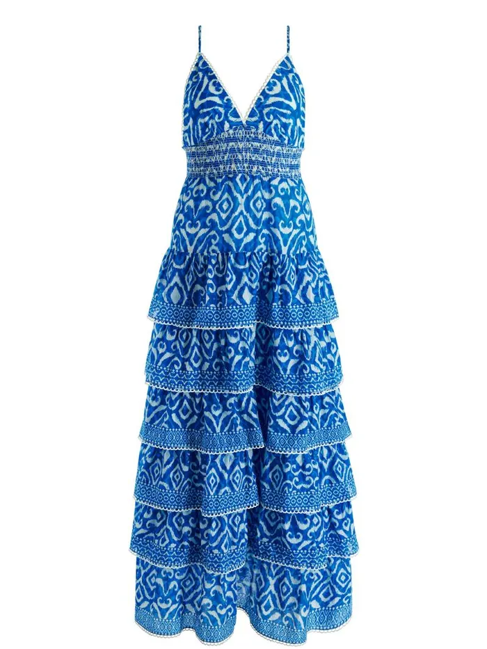 Alice Olivia IMOGENE TIERED MAXI DRESS Artisan Ikat French Blue Women Dresses