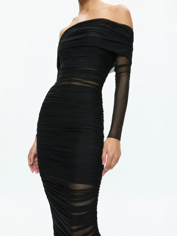 Alice Olivia ISADOLA OFF THE SHOULDER MIDI DRESS Black Women Dresses