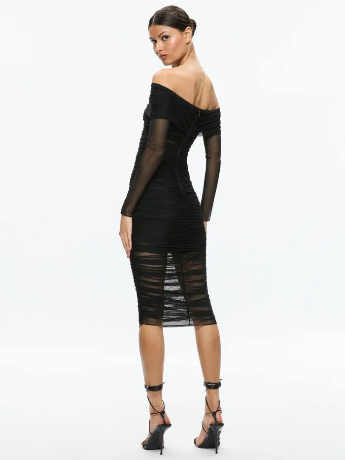 Alice Olivia ISADOLA OFF THE SHOULDER MIDI DRESS Black Women Dresses