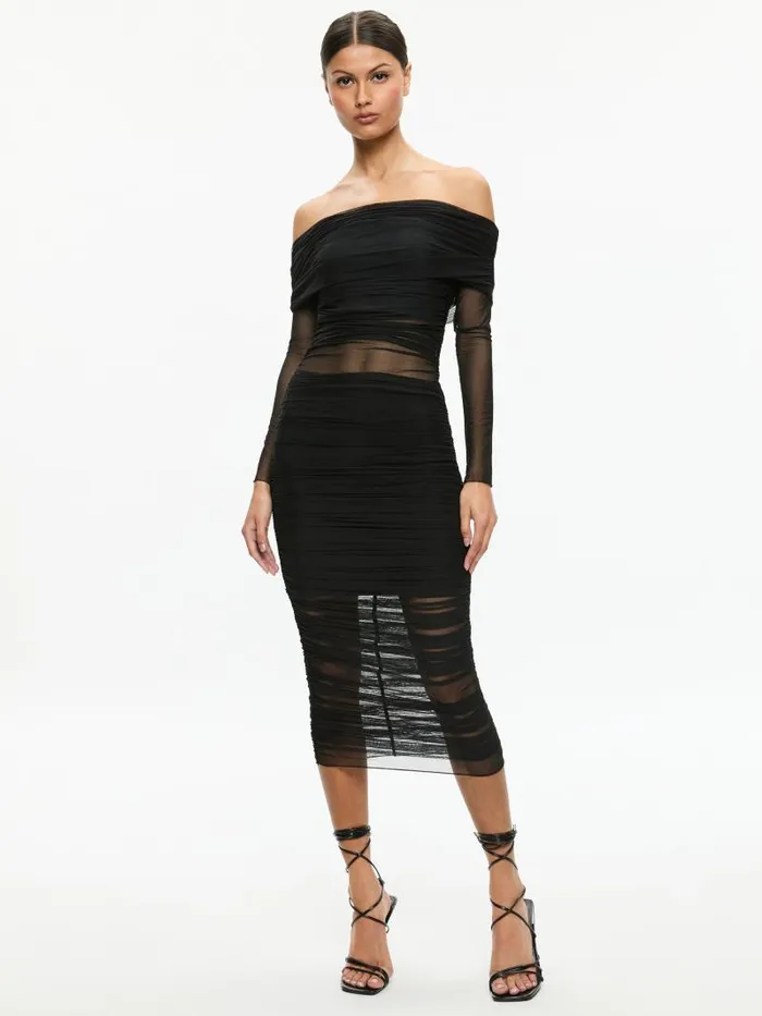 Alice Olivia ISADOLA OFF THE SHOULDER MIDI DRESS Black Women Dresses