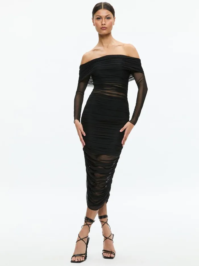 Alice Olivia ISADOLA OFF THE SHOULDER MIDI DRESS Black Women Dresses