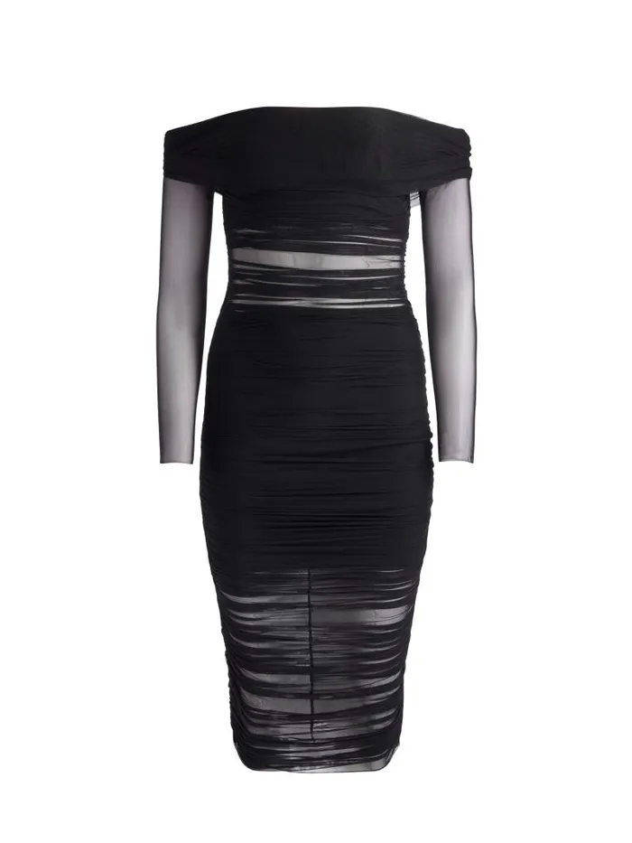 Alice Olivia ISADOLA OFF THE SHOULDER MIDI DRESS Black Women Dresses