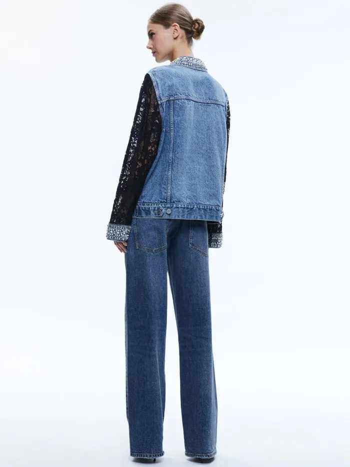 Alice Olivia JEFF EMBELLISHED LACE SLEEVE DENIM JACKET Indigo Nights Women Jackets Coats