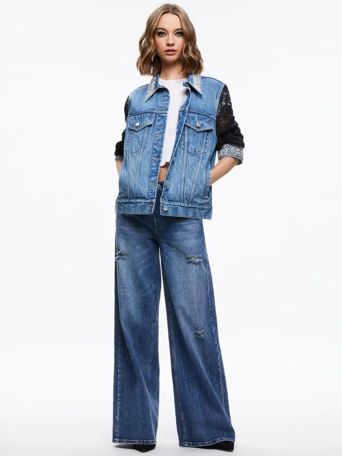Alice Olivia JEFF EMBELLISHED LACE SLEEVE DENIM JACKET Indigo Nights Women Jackets Coats