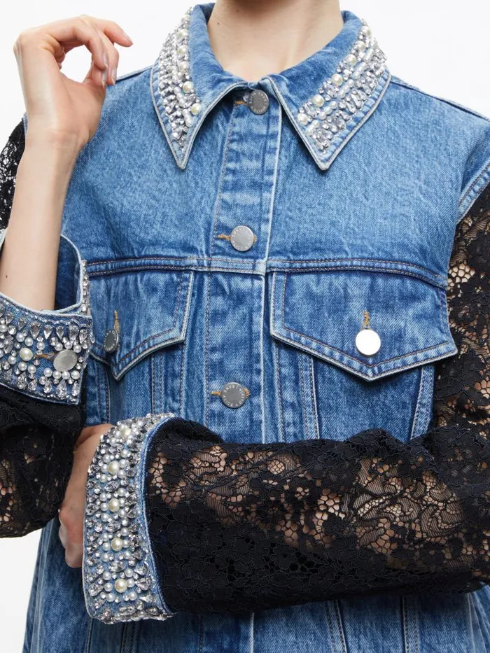 Alice Olivia JEFF EMBELLISHED LACE SLEEVE DENIM JACKET Indigo Nights Women Jackets Coats