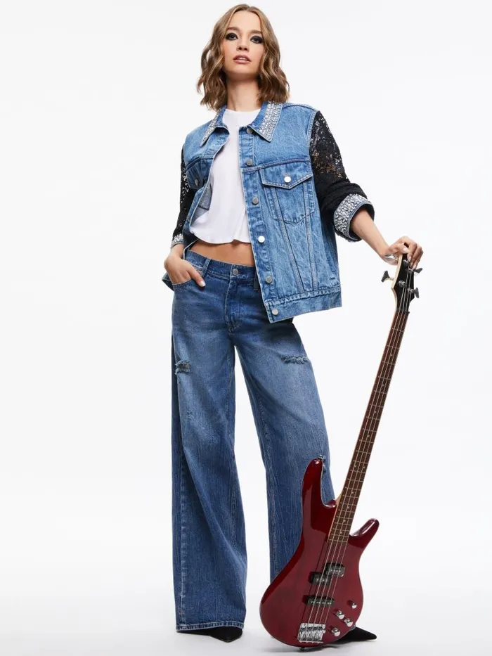 Alice Olivia JEFF EMBELLISHED LACE SLEEVE DENIM JACKET Indigo Nights Women Jackets Coats