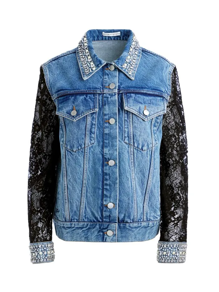 Alice Olivia JEFF EMBELLISHED LACE SLEEVE DENIM JACKET Indigo Nights Women Jackets Coats