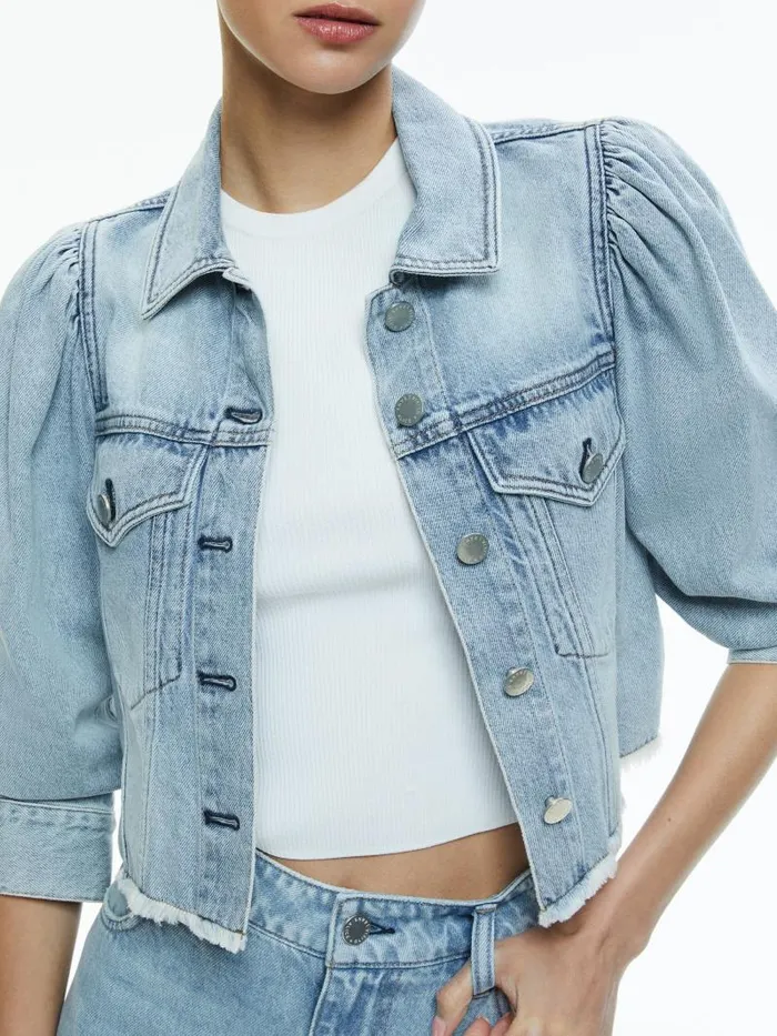Alice Olivia LANA PUFF SLEEVE DENIM JACKET Drifting By Floral Women Jackets Coats