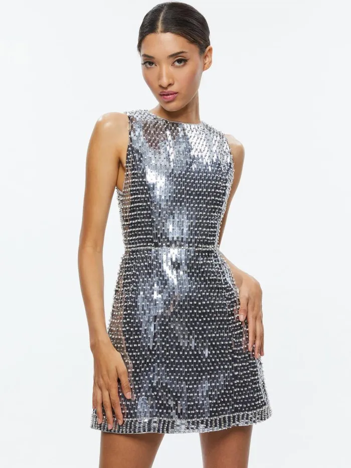 Alice Olivia LINDSEY EMBELLISHED MINI GOWN Silver Women Dresses