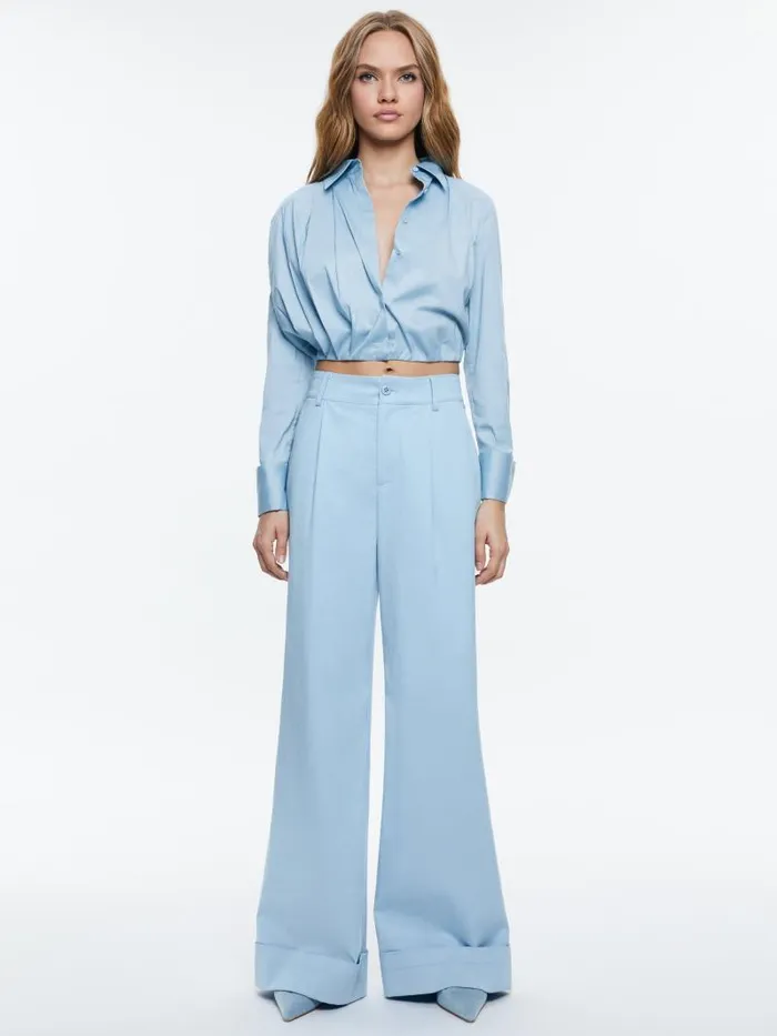 Alice Olivia LUCILE CROPPED PLEATED BLOUSE Mineral Blue Women Tops