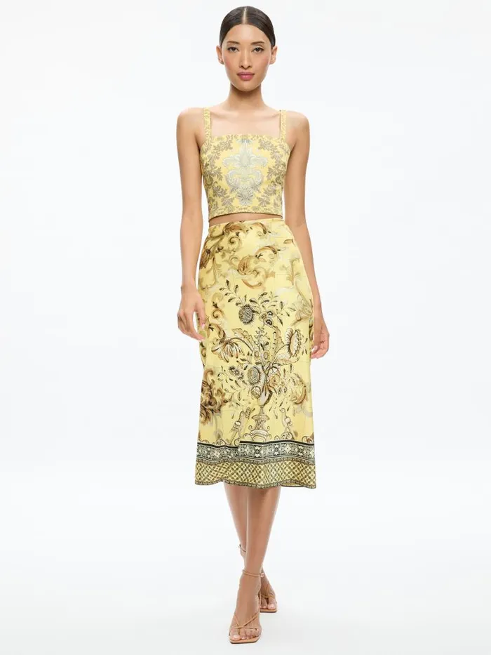 Alice Olivia MAEVE MIDI SLIP SKIRT WITH SLIT Lisboa Lemon Meringue Women Skirts