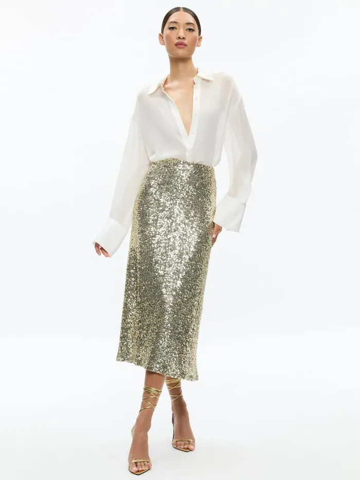 Alice Olivia MAEVE SEQUIN KICK FLARE SLIP SKIRT Champagnesilver Women Skirts