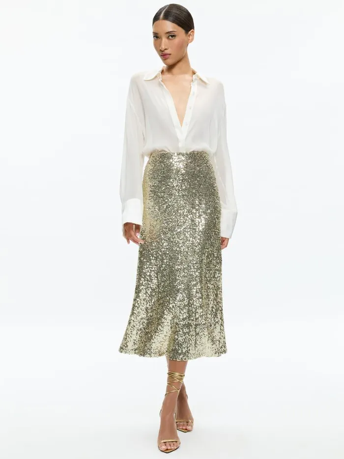Alice Olivia MAEVE SEQUIN KICK FLARE SLIP SKIRT Champagnesilver Women Skirts