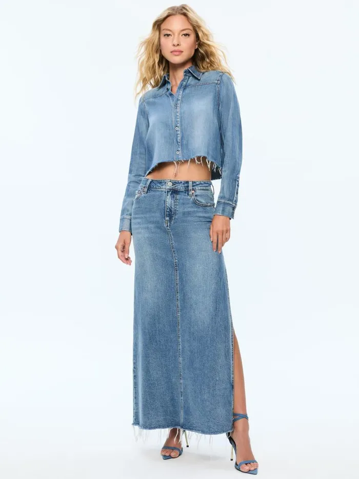 Alice Olivia MARISSA HIGH RISE MAXI SKIRT WITH SIDE SLIT Brooklyn Blue Women Skirts