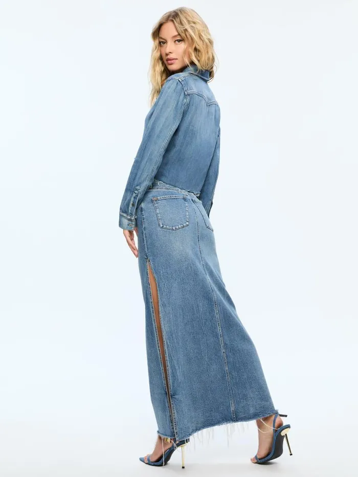 Alice Olivia MARISSA HIGH RISE MAXI SKIRT WITH SIDE SLIT Brooklyn Blue Women Skirts