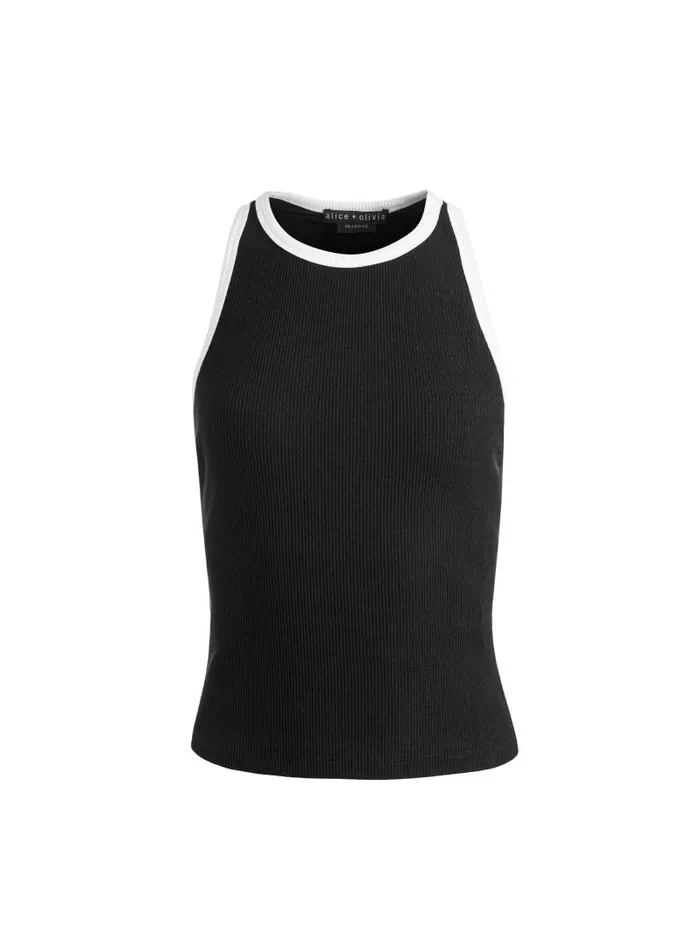 Alice Olivia MIRTHA RIBBED RACERBACK TANK Blackoff White Women Tops