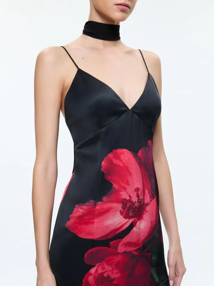 Alice Olivia MONIKA CUT AWAY CAMI MAXI DRESS WITH SCARF Peony Petals Bright Ruby Women Dresses