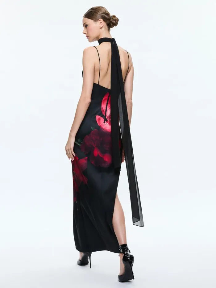 Alice Olivia MONIKA CUT AWAY CAMI MAXI DRESS WITH SCARF Peony Petals Bright Ruby Women Dresses