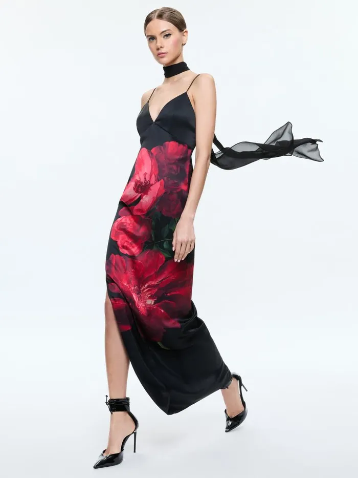 Alice Olivia MONIKA CUT AWAY CAMI MAXI DRESS WITH SCARF Peony Petals Bright Ruby Women Dresses
