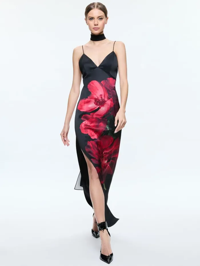 Alice Olivia MONIKA CUT AWAY CAMI MAXI DRESS WITH SCARF Peony Petals Bright Ruby Women Dresses