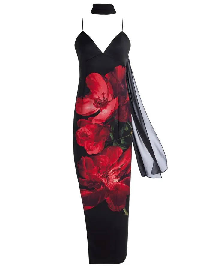 Alice Olivia MONIKA CUT AWAY CAMI MAXI DRESS WITH SCARF Peony Petals Bright Ruby Women Dresses