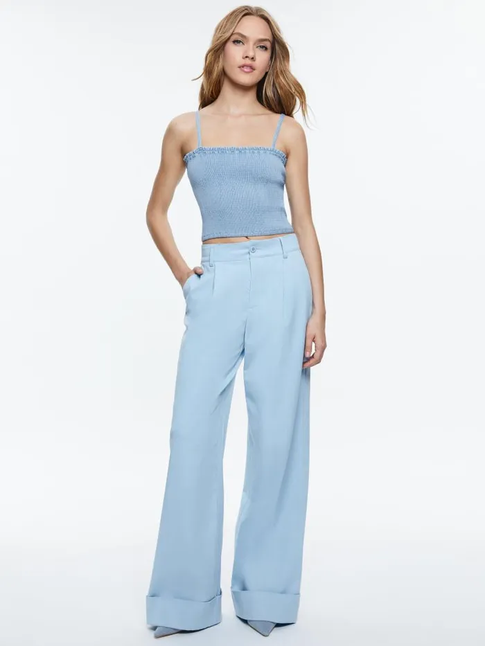 Alice Olivia PENELOPE SMOCKED DENIM TOP Leona Light Blue Women Tops