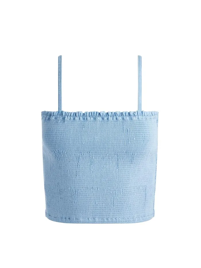 Alice Olivia PENELOPE SMOCKED DENIM TOP Leona Light Blue Women Tops