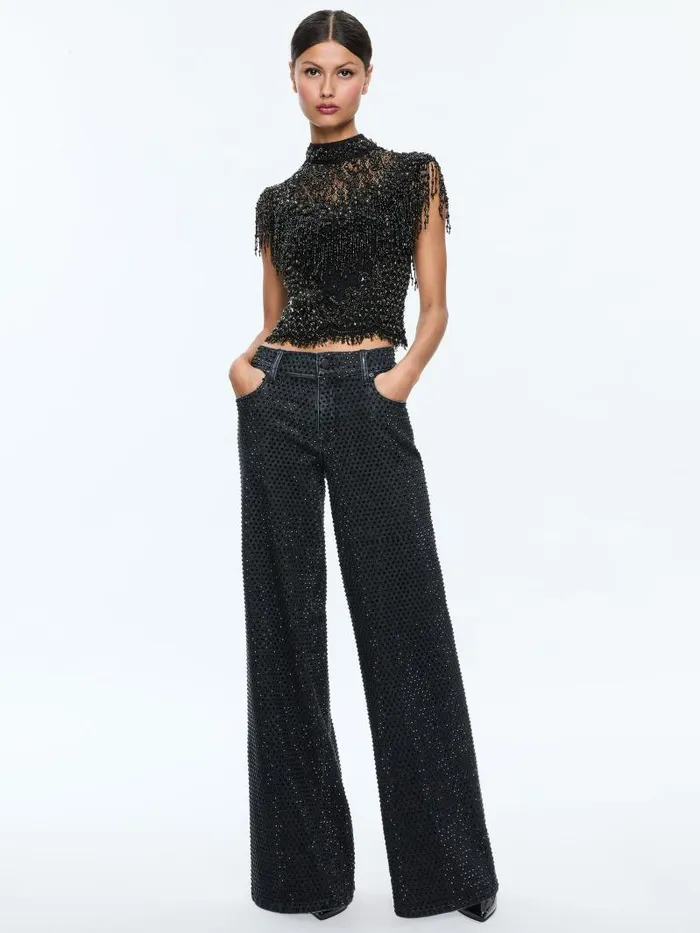 Alice Olivia PRIA EMBELLISHED MOCK NECK FRINGE TOP Black Women Tops