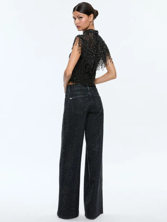 Alice Olivia PRIA EMBELLISHED MOCK NECK FRINGE TOP Black Women Tops