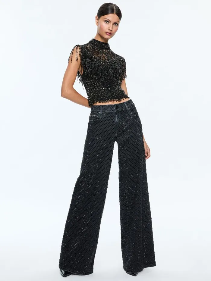Alice Olivia PRIA EMBELLISHED MOCK NECK FRINGE TOP Black Women Tops