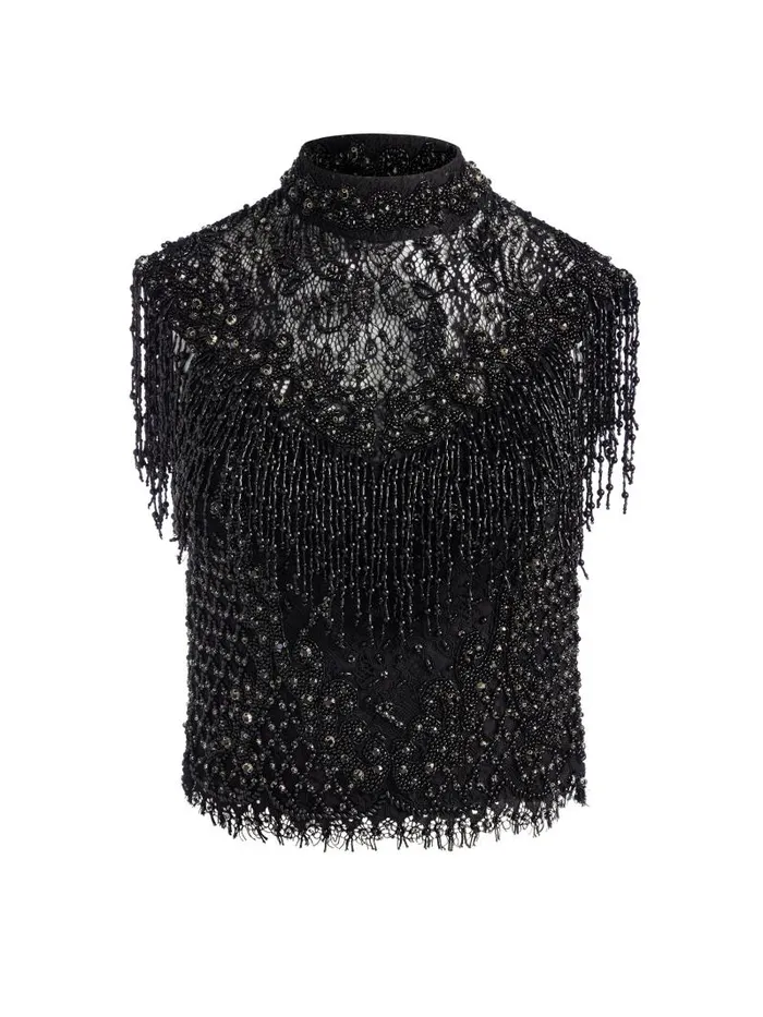 Alice Olivia PRIA EMBELLISHED MOCK NECK FRINGE TOP Black Women Tops