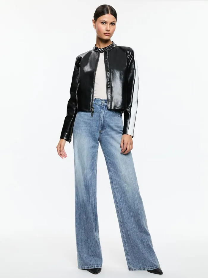 Alice Olivia RICKIE VEGAN LEATHER RACER JACKET Black Women Jackets Coats