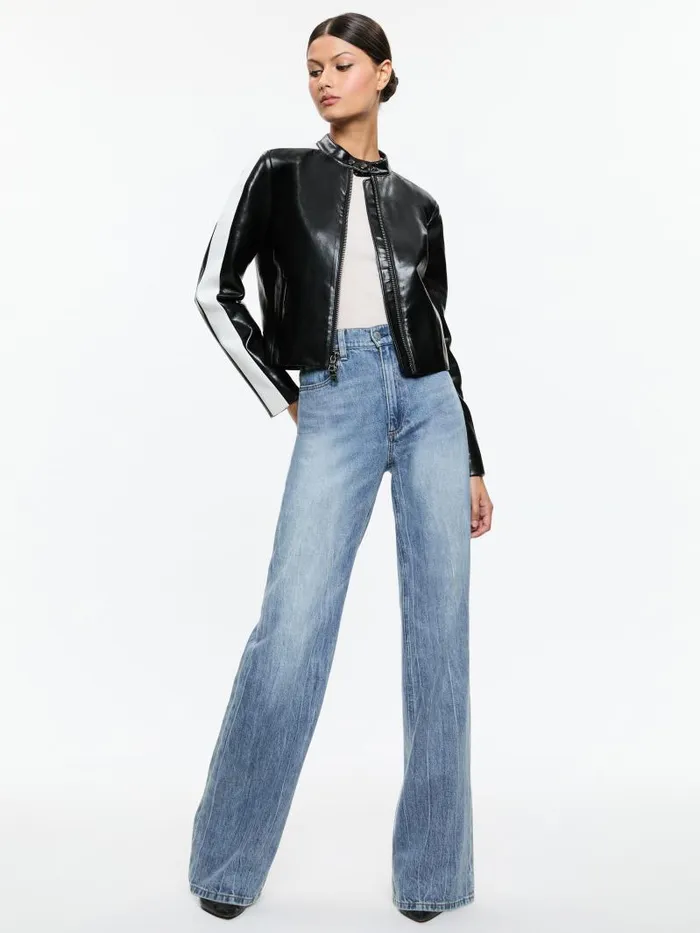 Alice Olivia RICKIE VEGAN LEATHER RACER JACKET Black Women Jackets Coats